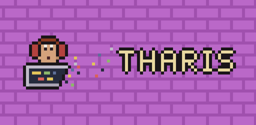 Tharis: a coworker peeks over a laptop whose edge breaks off into loose pixels, on a purple brick wall.
