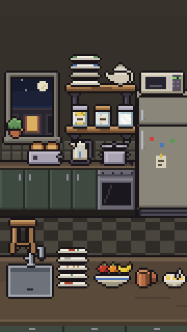 The Kitchen: shelves with plates and jars, a window at night, a toaster and a kettle on the worktop, a fridge, and a sink with a stack of plates.