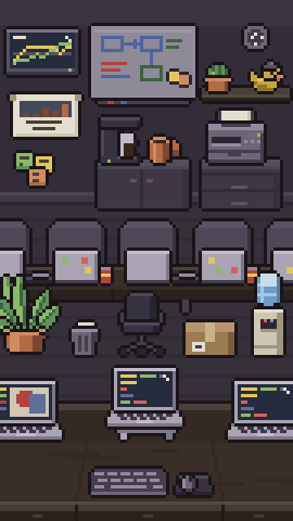 The Monday Office: desks with laptops, a whiteboard, a printer on a cabinet, a plant and a water cooler.