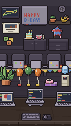 The Office Party: the office with a birthday message on the whiteboard, balloons, a cake and a piñata.