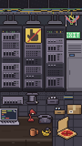 The Server Room: three racks of servers under strip lamps, a DO NOT TOUCH sign, an EXIT sign and a cooling unit.